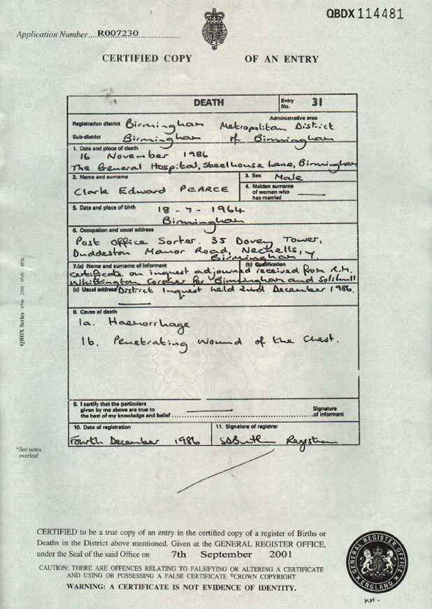 Death certificate of Clarke Pearce