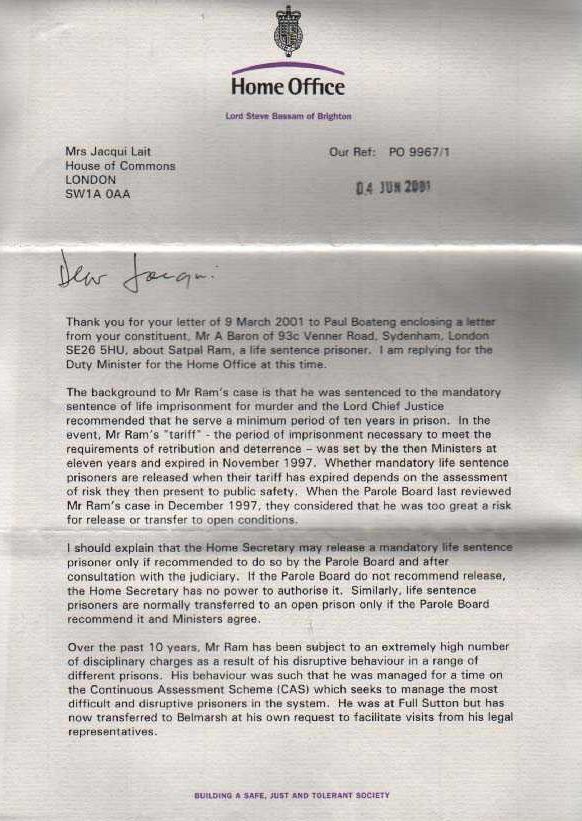 Letter from the Home Office re Ram's imprisonment