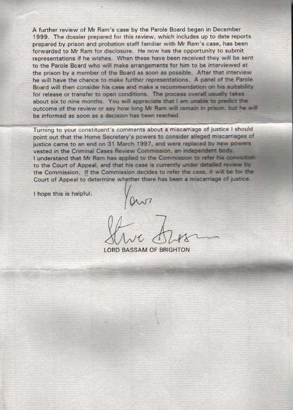 Letter from the Home Office re Ram’s imprisonment