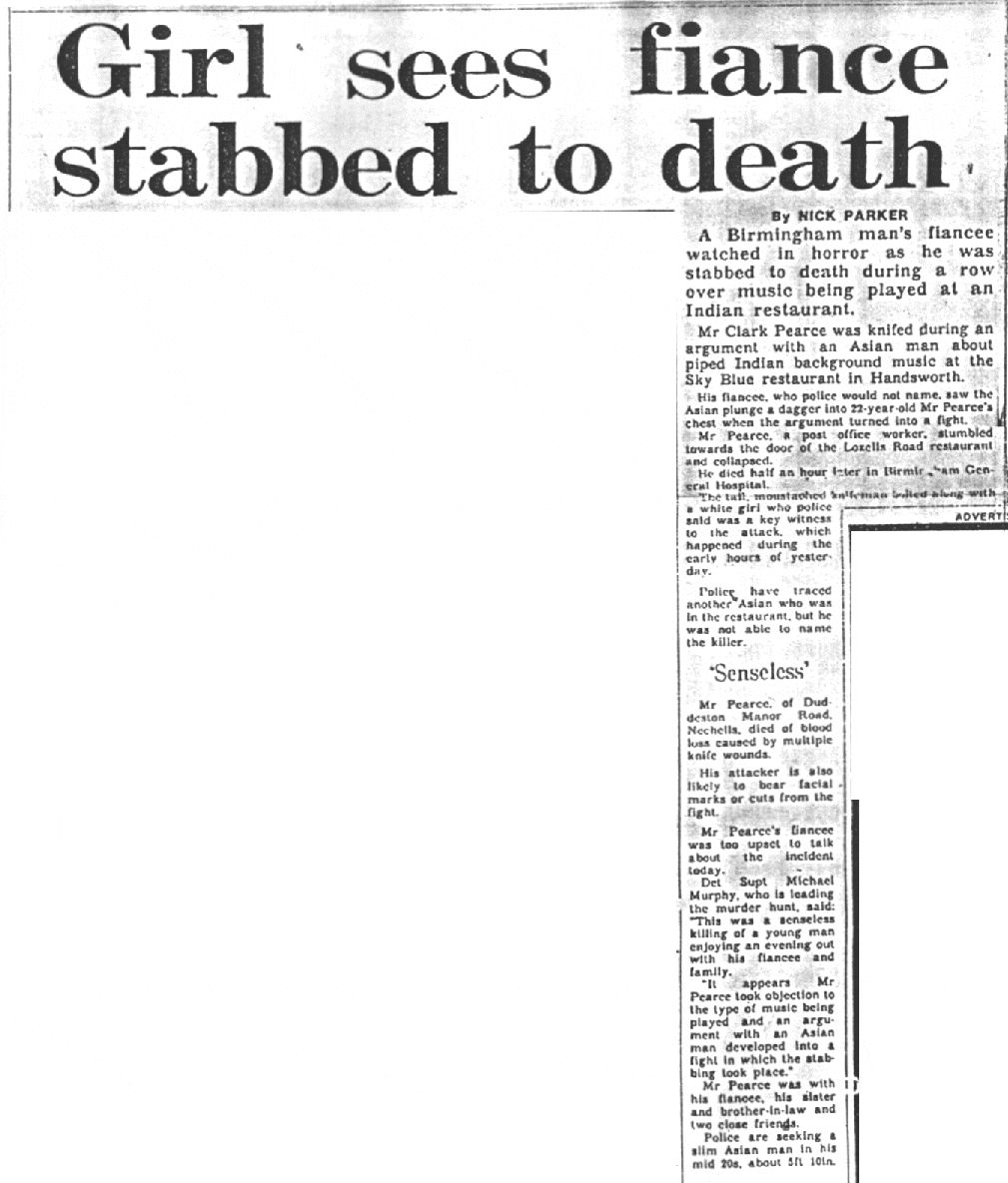 The Birmingham Evening Mail report of the murder of Clarke Pearce