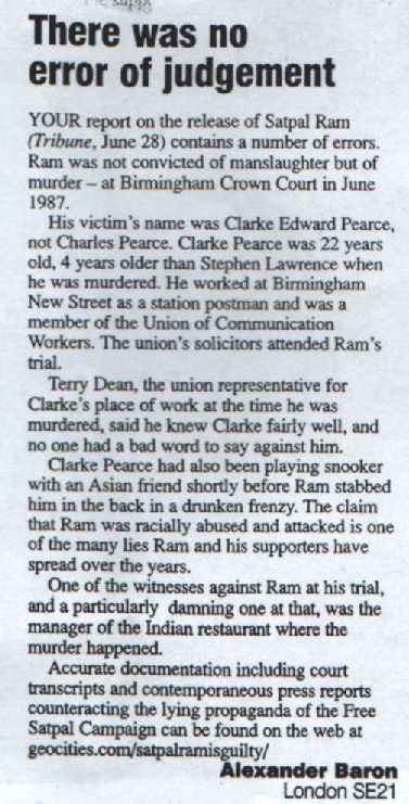 Letter from Alexander Baron published in 